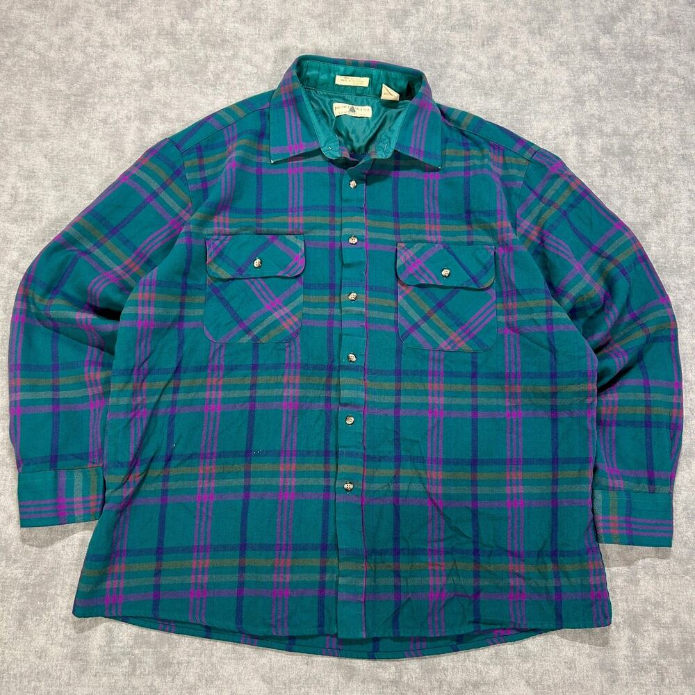 Vintage 90s Northwest Territory Plaid Flannel Shirt Mens XL Teal Purple Acrylic